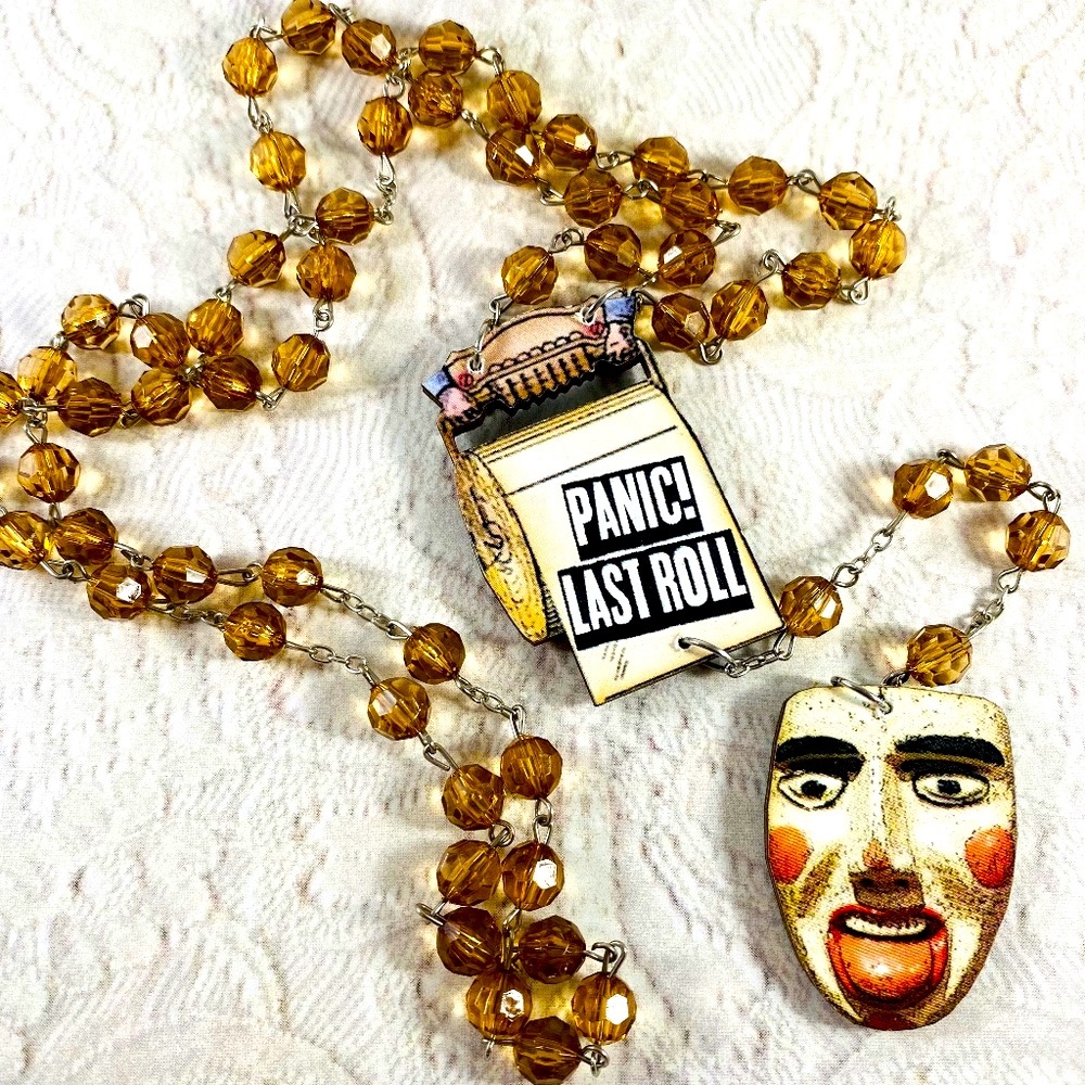 Panic Last Roll Creepy Dude image on laser cut wood deconstructed rosary OOAK
